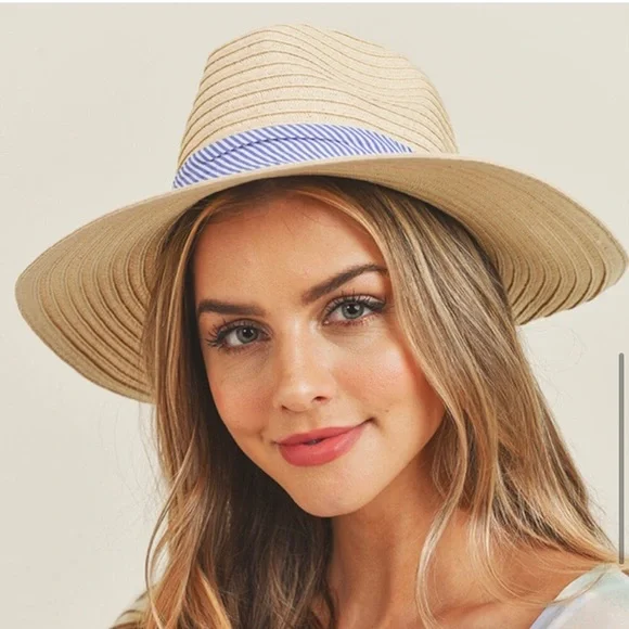 Straw creamy beige blue Womens hat - Picture 4 of 5